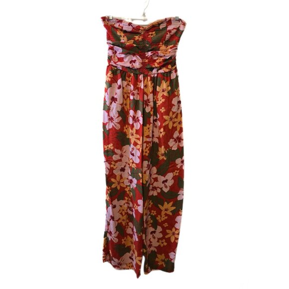 Tropical Floral Strapless Jumpsuit Long Pants Ruched Bodice Red Yellow Summer M - Picture 1 of 11